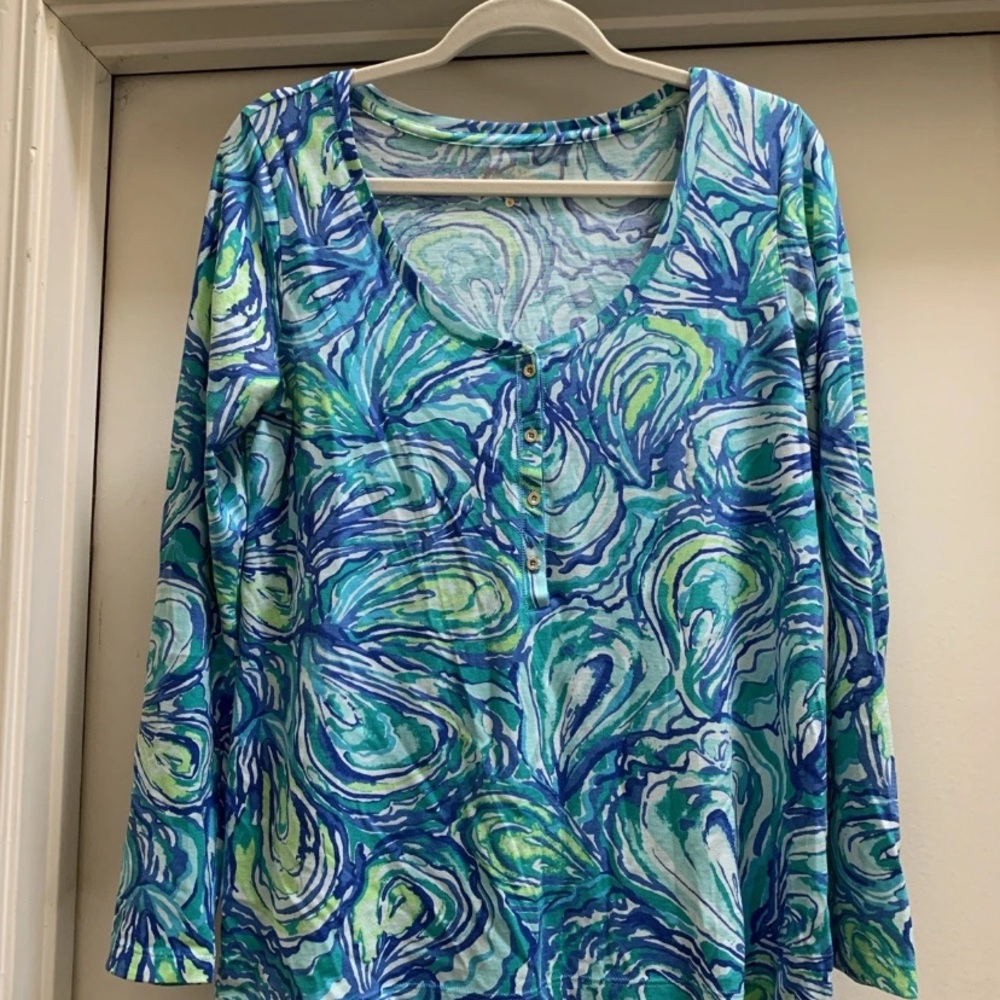 Lilly Pulitzer Sorella Oh Shucks Top Shirt Small Blue Green Swirls Pima Cotton